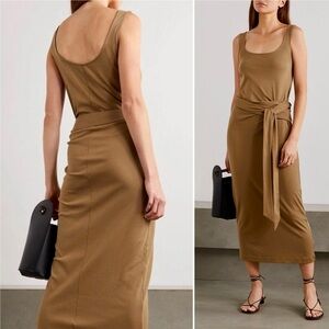 Vince Pima Cotton Jersey Wrap Midi Dress Brown Beige Tank Tie Waist Scoop Neck S